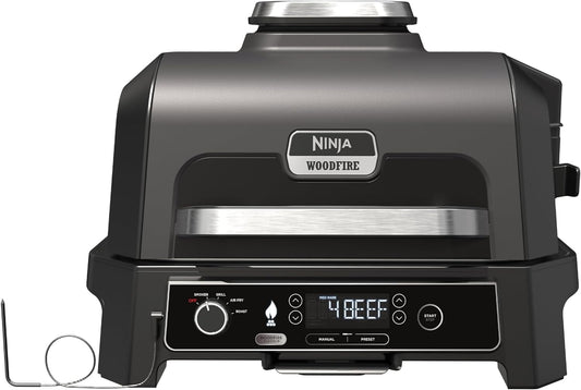 Ninja Woodfire Pro XL Elektrogrill,großer 4-in-1-Außengrill mit Smoker-& Heißluftfritteuse mit Smart Cook-System und integriertem Thermometer,Holzfeuer-Pellets, wetterfest,tragbar,Grau/Schwarz OG850EU